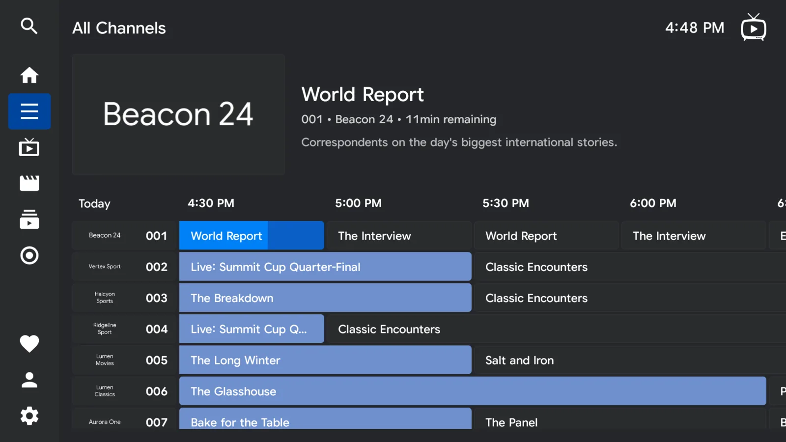 The programme guide: a grid of channels down the left and programmes across a timeline, with the current programme highlighted and a preview panel above.