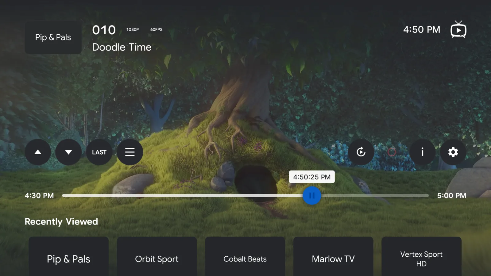 The player with its overlay open, showing channel number, resolution and frame-rate chips, the programme title, playback controls and a timeline.