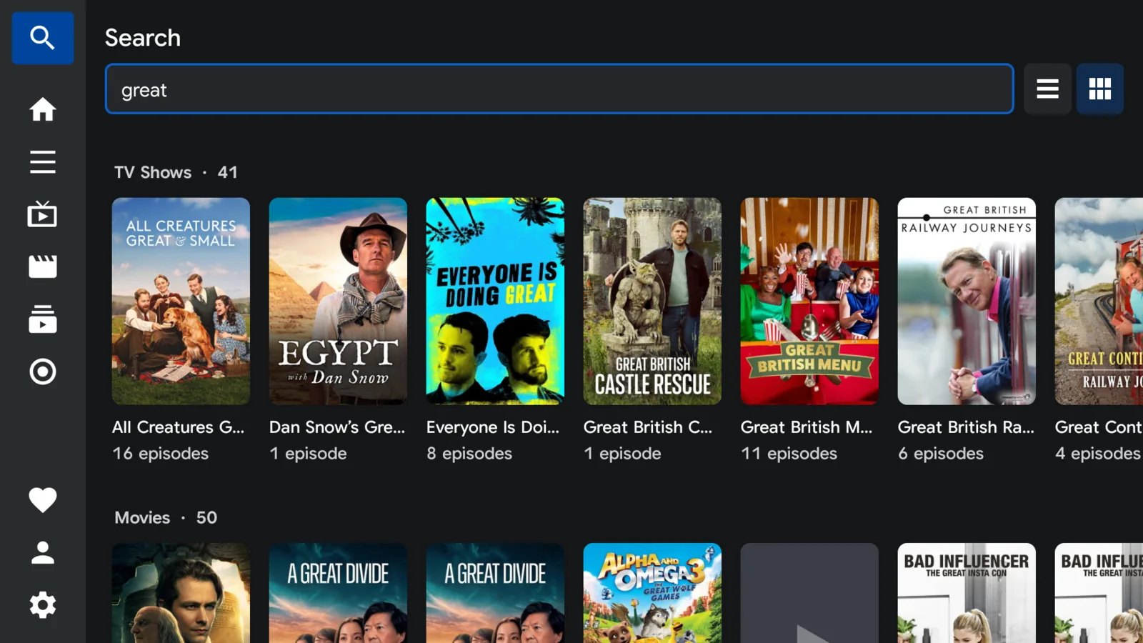 Search results for the word great, split into a TV Shows section and a Movies section of poster cards.
