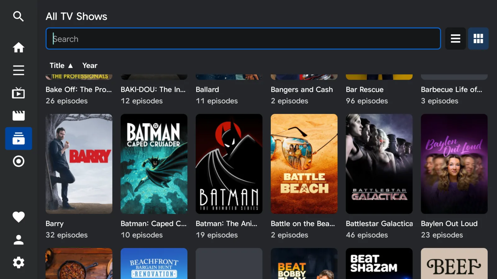 A grid of TV show posters with episode counts, sortable by title or year.