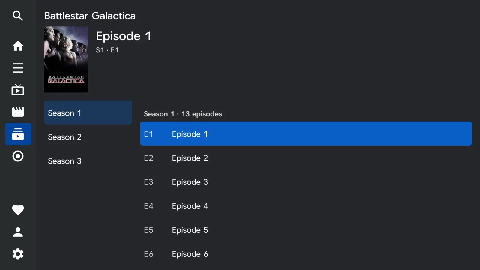 A show's episode list, with a column of seasons on the left and numbered episodes on the right.